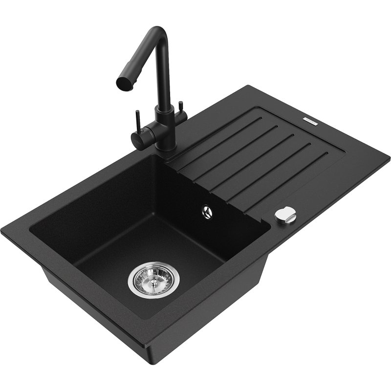 Mexen Pablo zlewozmywak granitowy 1-komorowy z ociekaczem i baterią kuchenną Duero, czarny