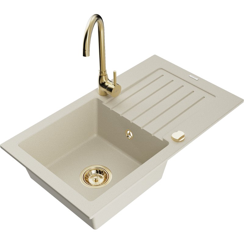 Mexen Pablo zlewozmywak granitowy 1-komorowy z ociekaczem i baterią kuchenną Telma, beżowy