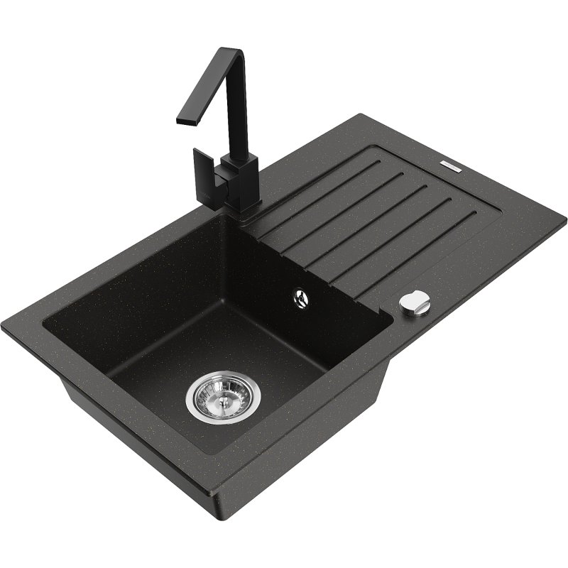 Mexen Pablo zlewozmywak granitowy 1-komorowy z ociekaczem i baterią kuchenną Rita, czarny/złoty metalik