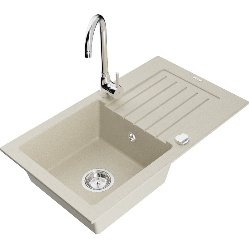 Mexen Pablo zlewozmywak granitowy 1-komorowy z ociekaczem i baterią kuchenną Telma, beżowy
