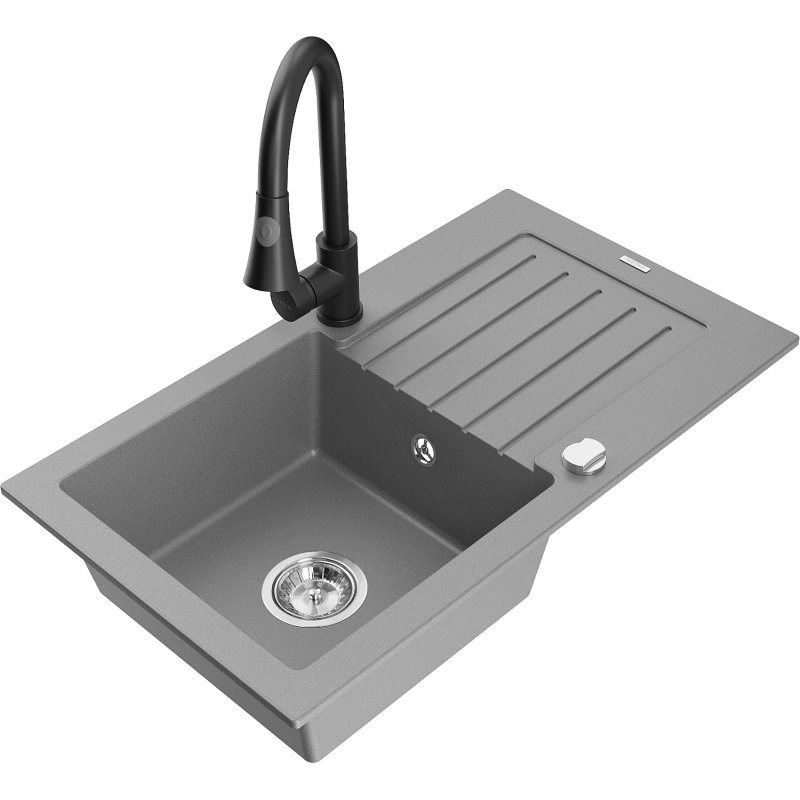 Mexen Pablo zlewozmywak granitowy 1-komorowy z ociekaczem i baterią kuchenną Elia, szary