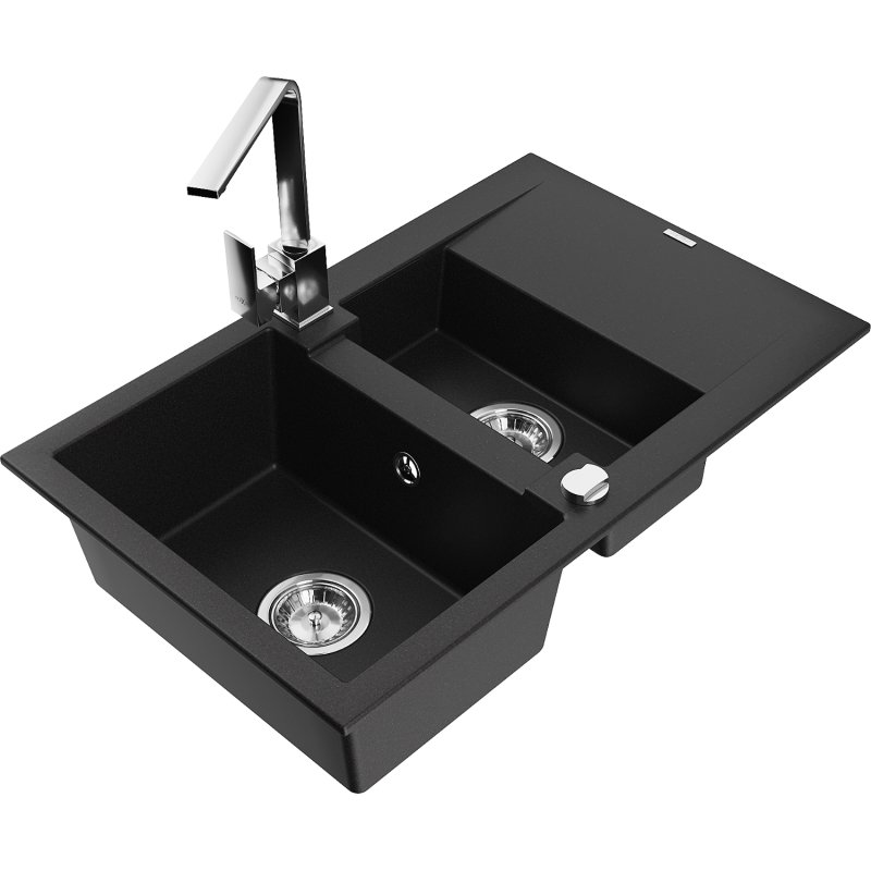Mexen Gaspar zlewozmywak granitowy 1,5-komorowy z ociekaczem i baterią kuchenną Rita, czarny