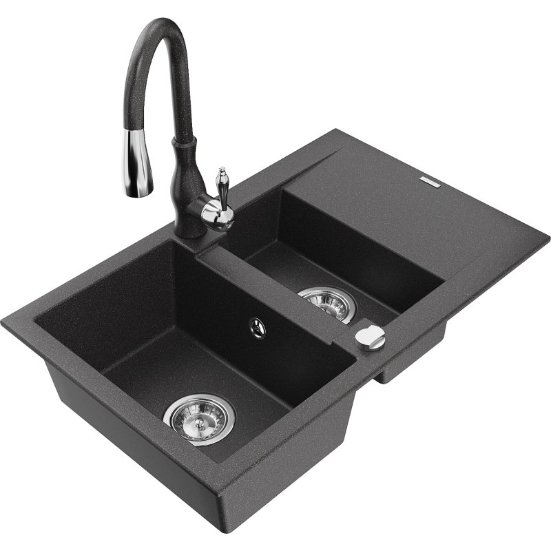 Mexen Gaspar zlewozmywak granitowy 1,5-komorowy z ociekaczem i baterią kuchenną Savita, czarny nakrapiany - 6507-76-672601-76