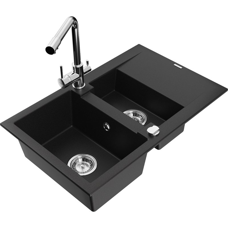 Mexen Gaspar zlewozmywak granitowy 1,5-komorowy z ociekaczem i baterią kuchenną Duero, czarny