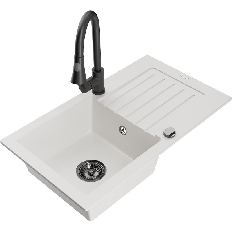 Mexen Pablo zlewozmywak granitowy 1-komorowy z ociekaczem i baterią kuchenną Elia, biały
