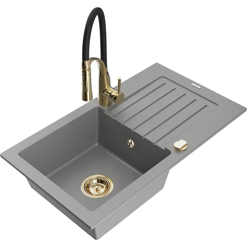 Mexen Pablo zlewozmywak granitowy 1-komorowy z ociekaczem i baterią kuchenną Aster, szary