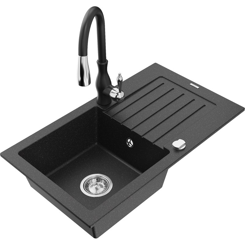 Mexen Pablo zlewozmywak granitowy 1-komorowy z ociekaczem i baterią kuchenną Savita, czarny/srebrny metalik