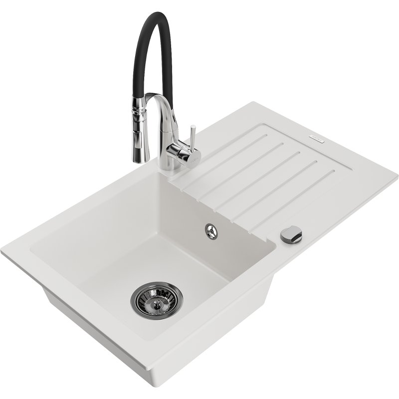 Mexen Pablo zlewozmywak granitowy 1-komorowy z ociekaczem i baterią kuchenną Aster, biały