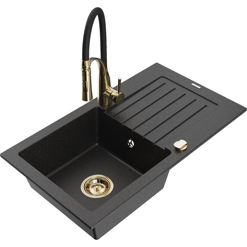 Mexen Pablo zlewozmywak granitowy 1-komorowy z ociekaczem i baterią kuchenną Aster, czarny/srebrny metalik