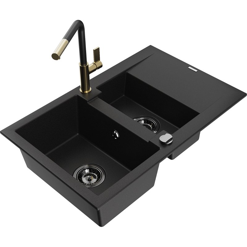 Mexen Gaspar zlewozmywak granitowy 1,5-komorowy z ociekaczem i baterią kuchenną Flora, czarny