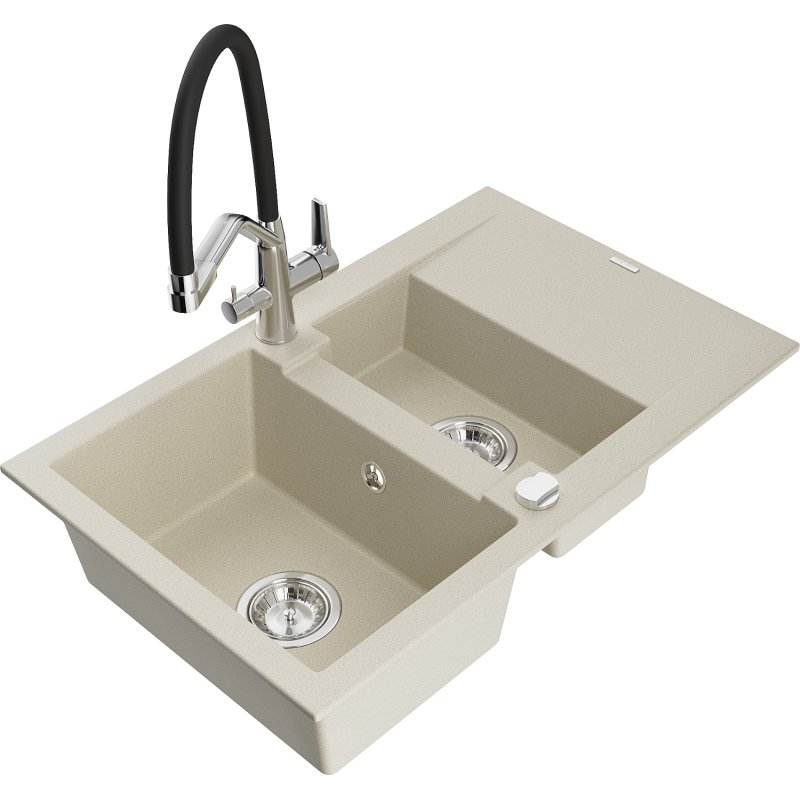 Mexen Gaspar zlewozmywak granitowy 1,5-komorowy z ociekaczem i baterią kuchenną Duo, beżowy