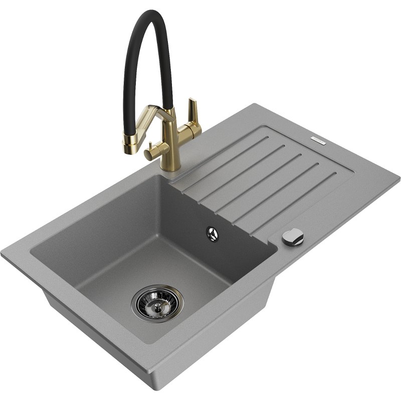 Mexen Pablo zlewozmywak granitowy 1-komorowy z ociekaczem i baterią kuchenną Duo, szary