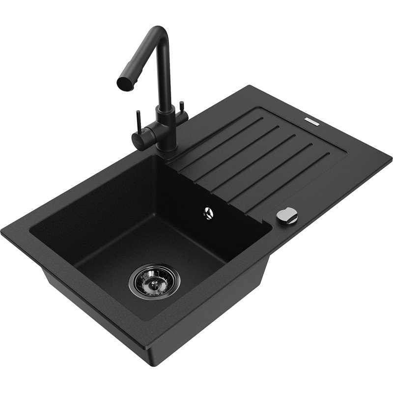 Mexen Pablo zlewozmywak granitowy 1-komorowy z ociekaczem i baterią kuchenną Duero, czarny