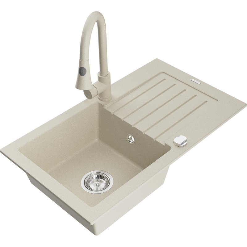 Mexen Pablo zlewozmywak granitowy 1-komorowy z ociekaczem i baterią kuchenną Elia, beżowy
