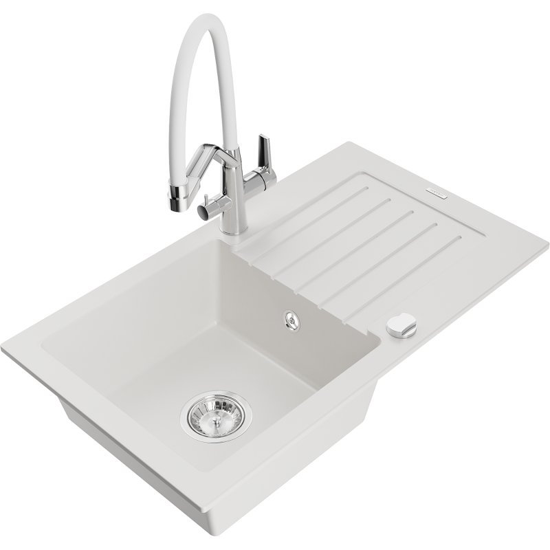 Mexen Pablo zlewozmywak granitowy 1-komorowy z ociekaczem i baterią kuchenną Duo, biały