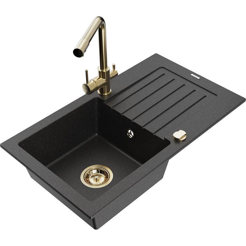 Mexen Pablo zlewozmywak granitowy 1-komorowy z ociekaczem i baterią kuchenną Duero, czarny/srebrny metalik