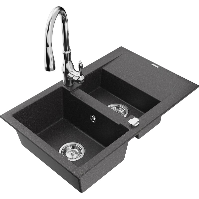 Mexen Gaspar zlewozmywak granitowy 1,5-komorowy z ociekaczem i baterią kuchenną Savita, czarny nakrapiany