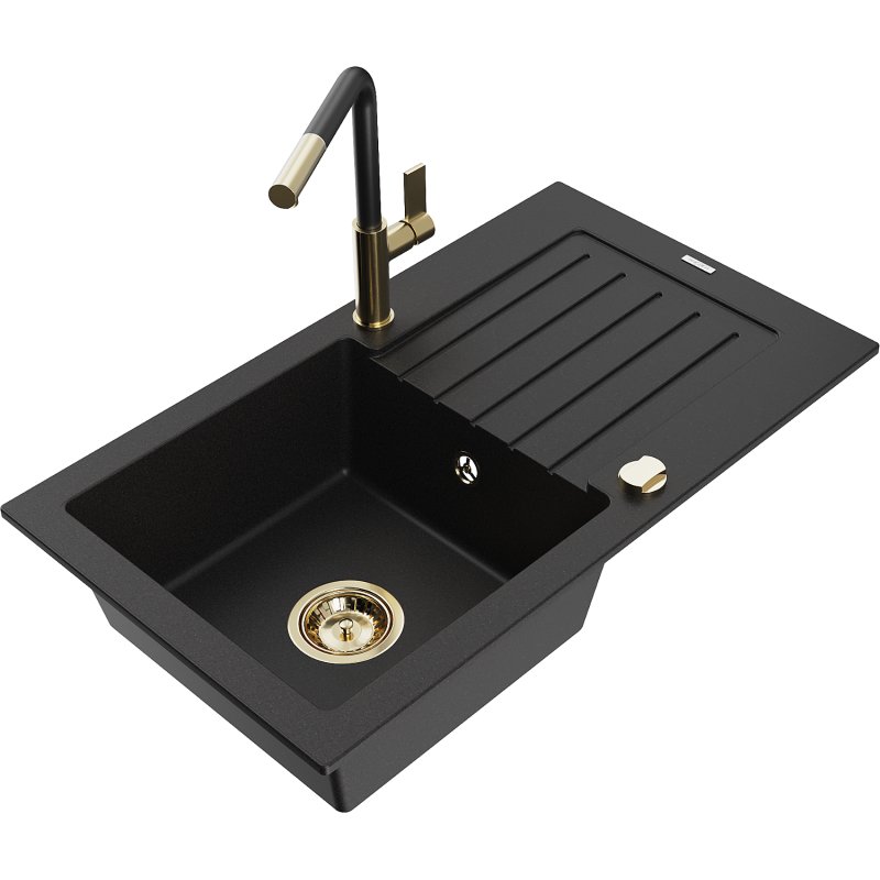 Mexen Pablo zlewozmywak granitowy 1-komorowy z ociekaczem i baterią kuchenną Flora, czarny