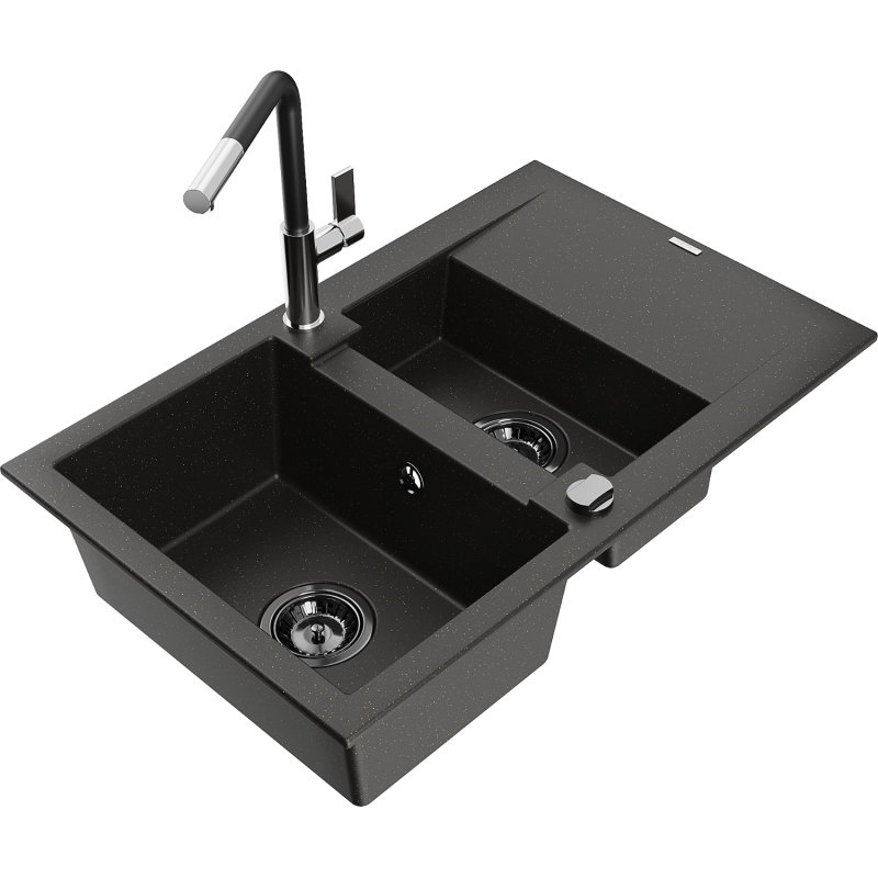 Mexen Gaspar zlewozmywak granitowy 1,5-komorowy z ociekaczem i baterią kuchenną Flora, czarny/złoty