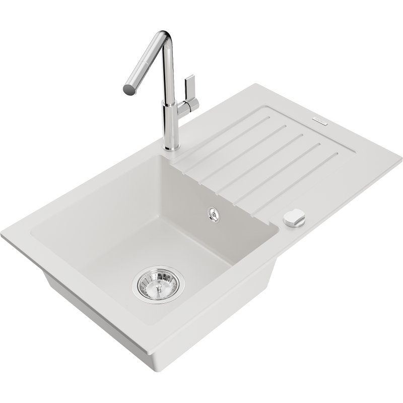Mexen Pablo zlewozmywak granitowy 1-komorowy z ociekaczem i baterią kuchenną Flora, biały