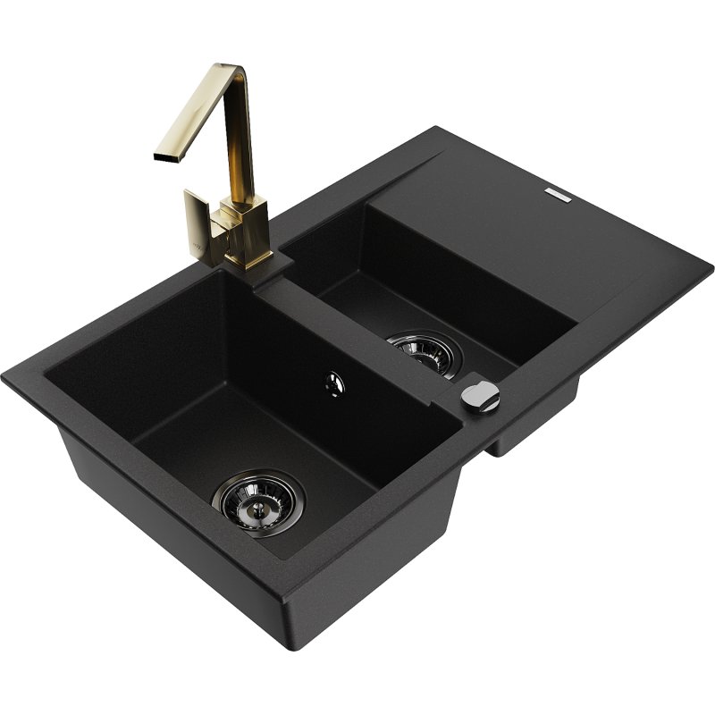 Mexen Gaspar zlewozmywak granitowy 1,5-komorowy z ociekaczem i baterią kuchenną Rita, czarny