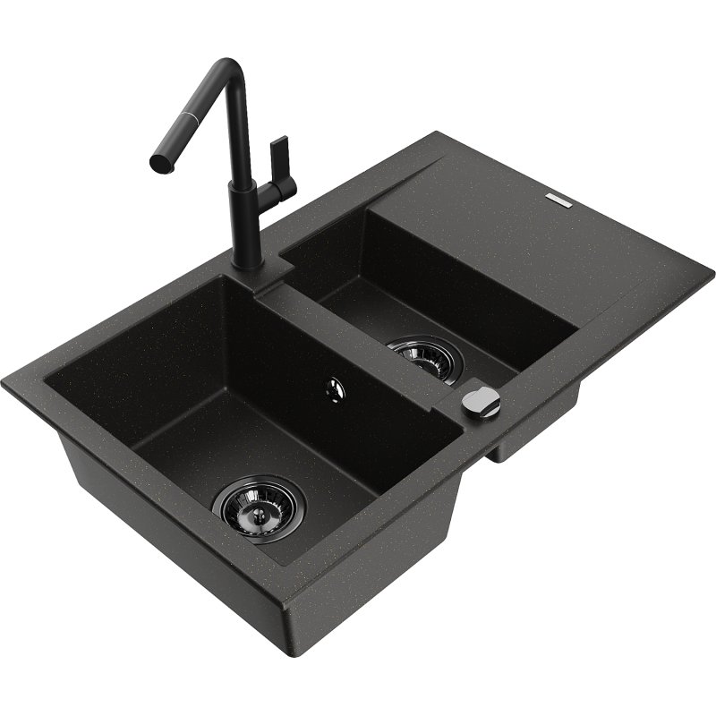 Mexen Gaspar zlewozmywak granitowy 1,5-komorowy z ociekaczem i baterią kuchenną Flora, czarny/złoty