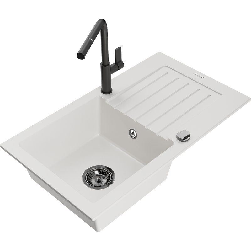 Mexen Pablo zlewozmywak granitowy 1-komorowy z ociekaczem i baterią kuchenną Flora, biały