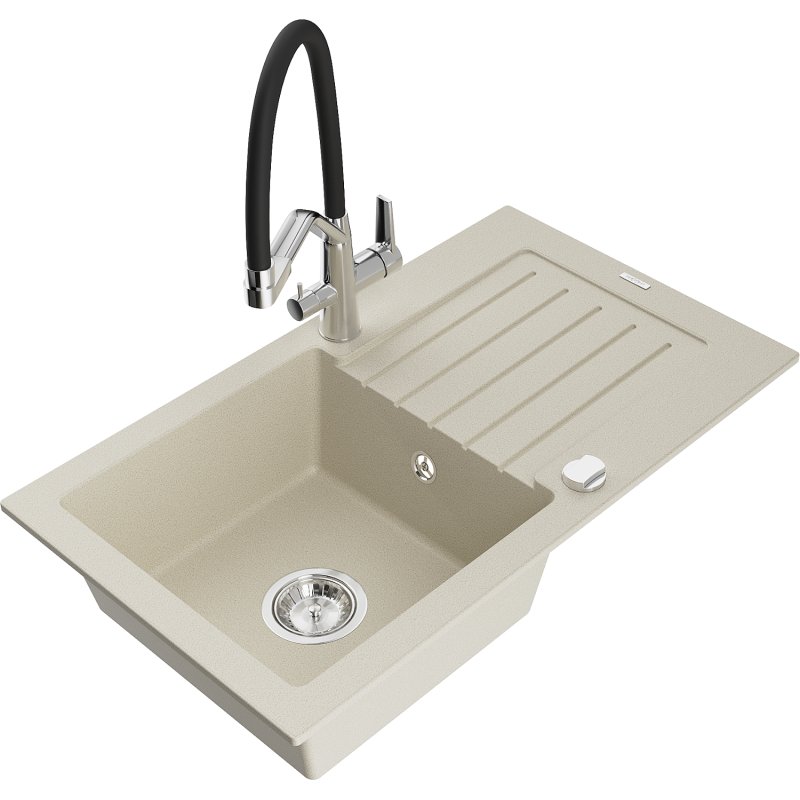 Mexen Pablo zlewozmywak granitowy 1-komorowy z ociekaczem i baterią kuchenną Duo, beżowy