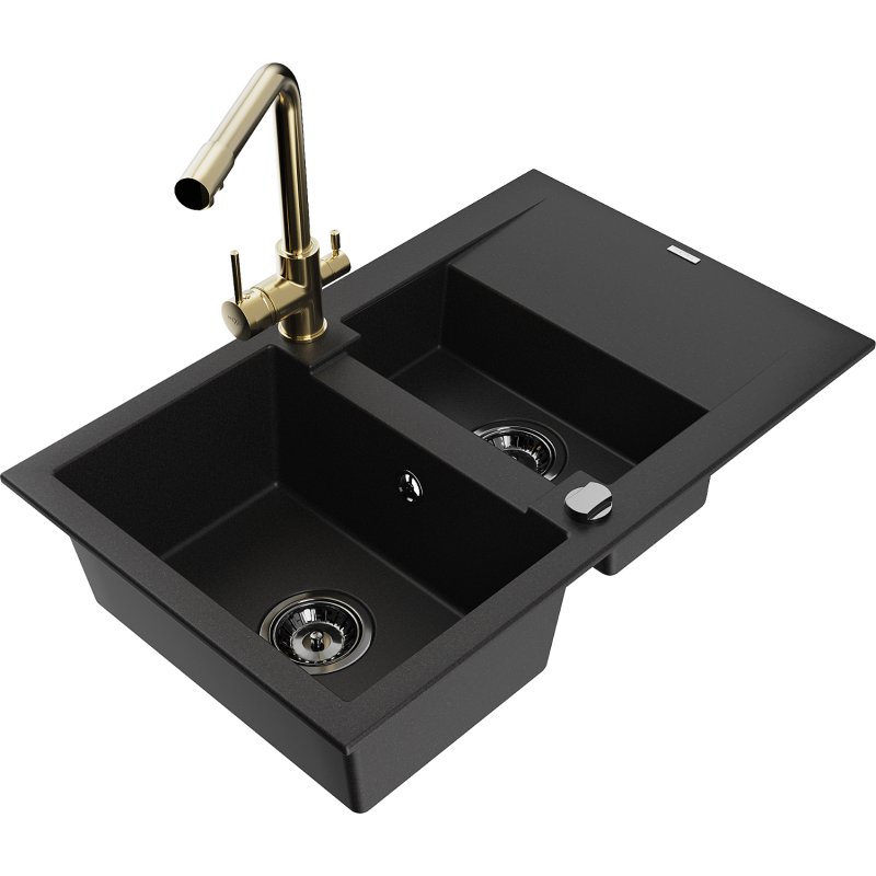 Mexen Gaspar zlewozmywak granitowy 1,5-komorowy z ociekaczem i baterią kuchenną Duero, czarny