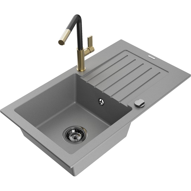 Mexen Pablo zlewozmywak granitowy 1-komorowy z ociekaczem i baterią kuchenną Flora, szary