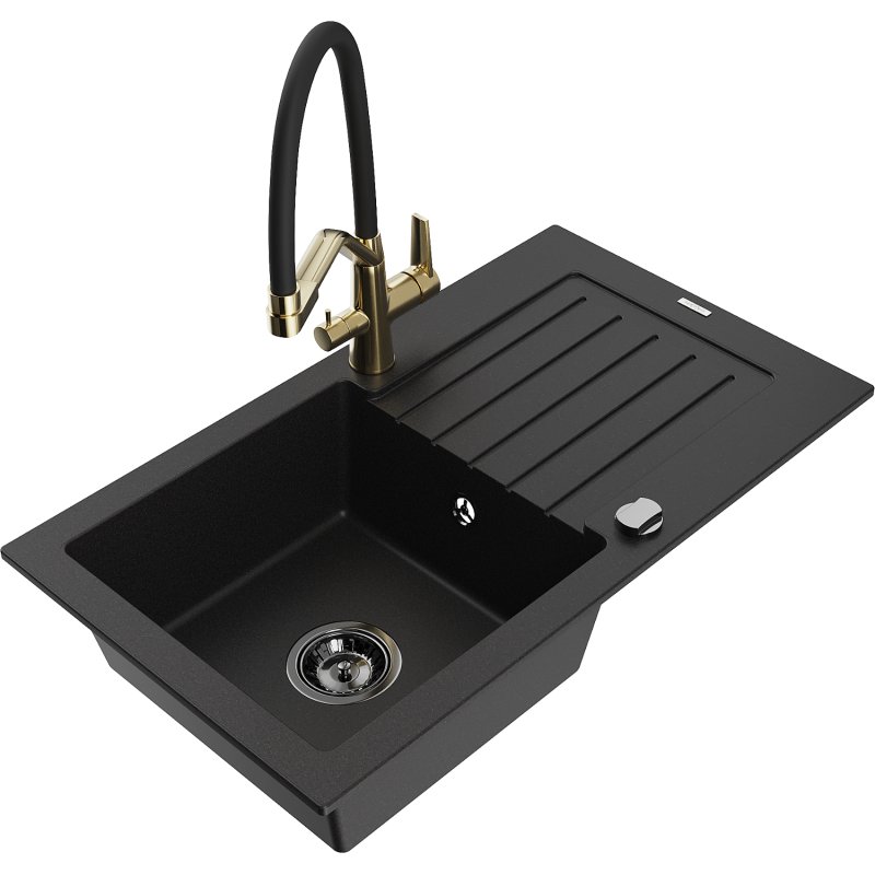 Mexen Pablo zlewozmywak granitowy 1-komorowy z ociekaczem i baterią kuchenną Duo, czarny