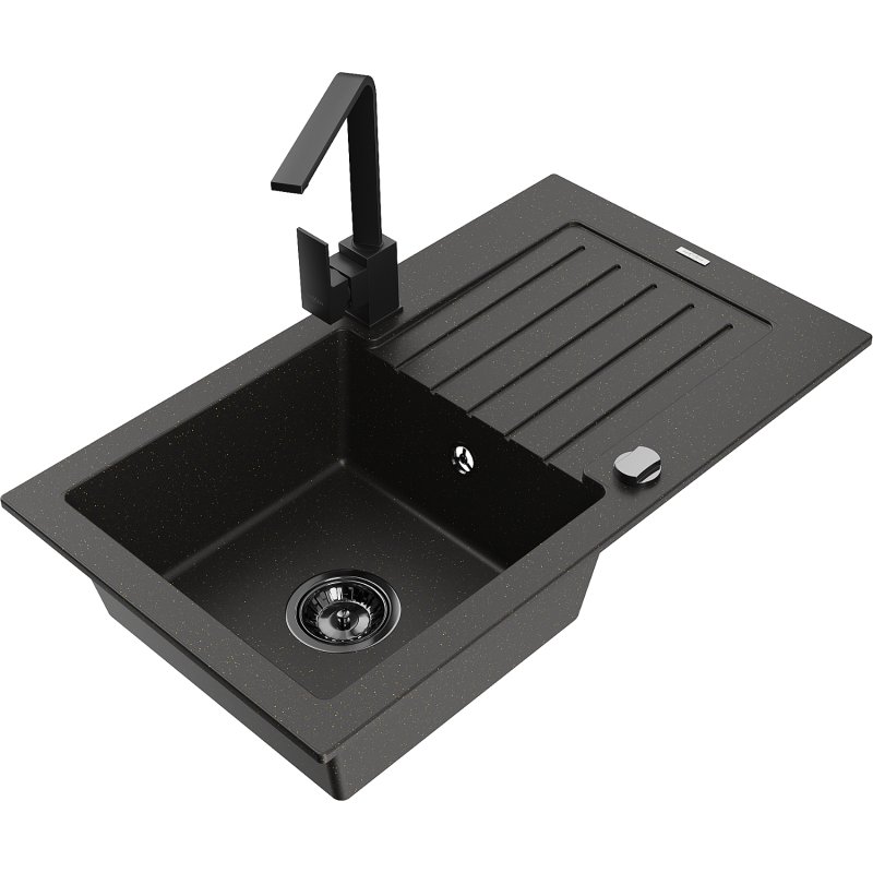 Mexen Pablo zlewozmywak granitowy 1-komorowy z ociekaczem i baterią kuchenną Rita, czarny/złoty metalik