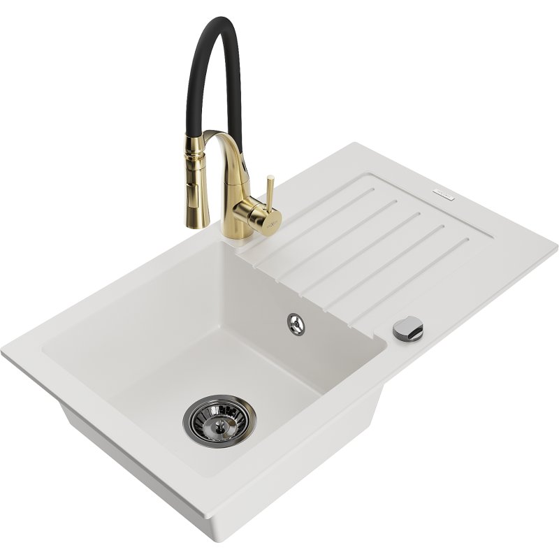 Mexen Pablo zlewozmywak granitowy 1-komorowy z ociekaczem i baterią kuchenną Aster, biały