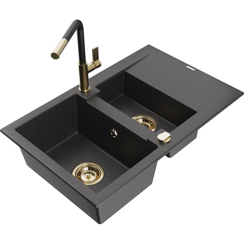 Mexen Gaspar zlewozmywak granitowy 1,5-komorowy z ociekaczem i baterią kuchenną Flora, czarny nakrapiany