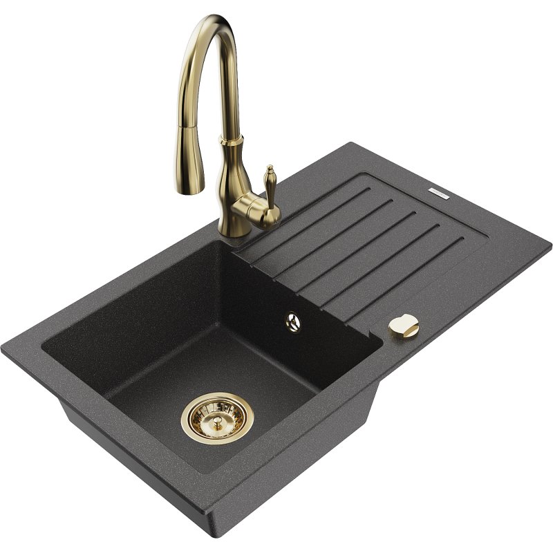 Mexen Pablo zlewozmywak granitowy 1-komorowy z ociekaczem i baterią kuchenną Savita, czarny nakrapiany