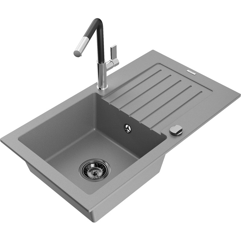Mexen Pablo zlewozmywak granitowy 1-komorowy z ociekaczem i baterią kuchenną Flora, szary