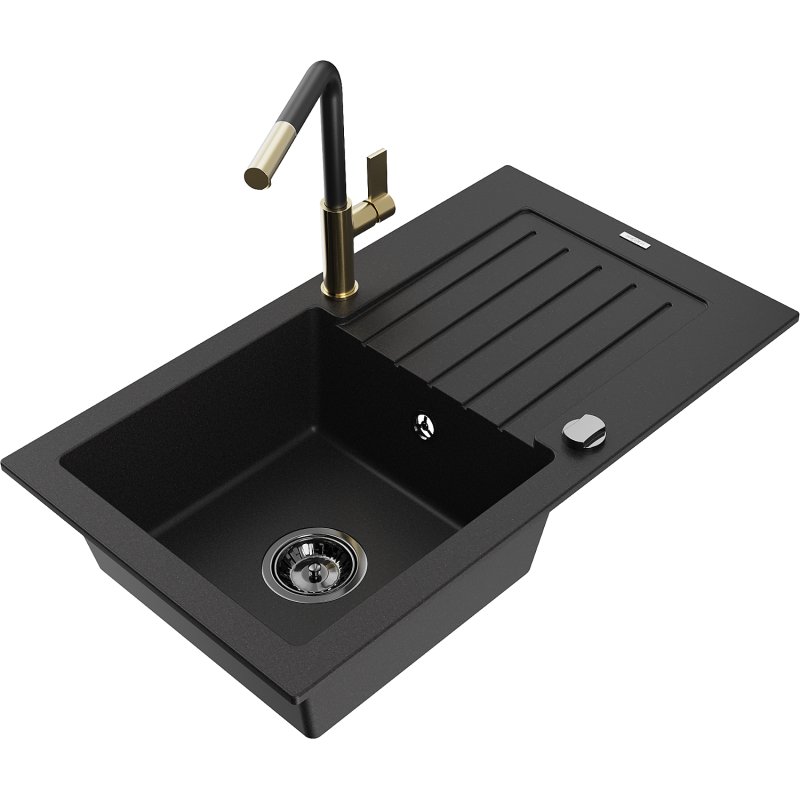 Mexen Pablo zlewozmywak granitowy 1-komorowy z ociekaczem i baterią kuchenną Flora, czarny