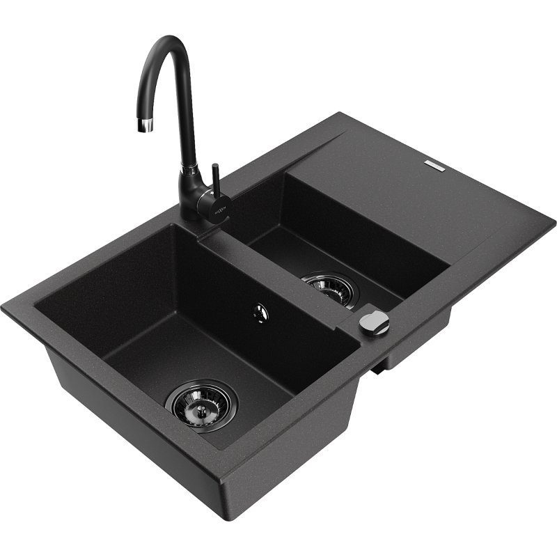 Mexen Gaspar zlewozmywak granitowy 1,5-komorowy z ociekaczem i baterią kuchenną Telma, czarny