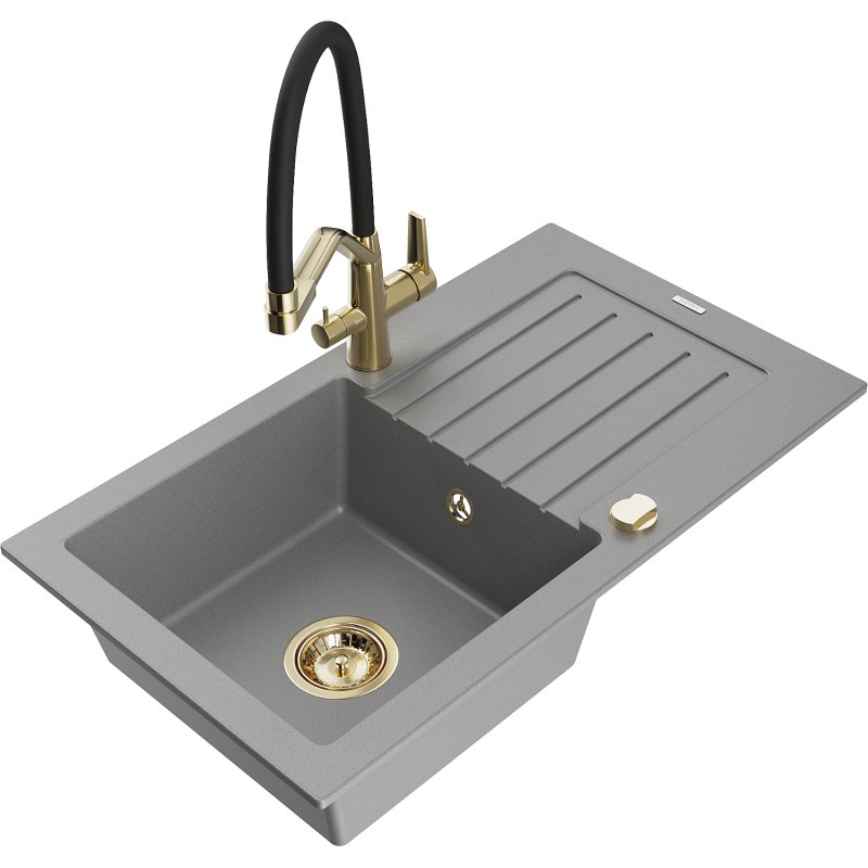 Mexen Pablo zlewozmywak granitowy 1-komorowy z ociekaczem i baterią kuchenną Duo, szary