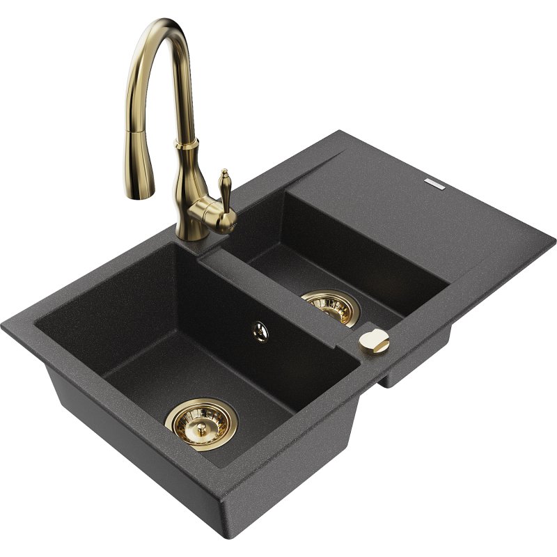 Mexen Gaspar zlewozmywak granitowy 1,5-komorowy z ociekaczem i baterią kuchenną Savita, czarny nakrapiany