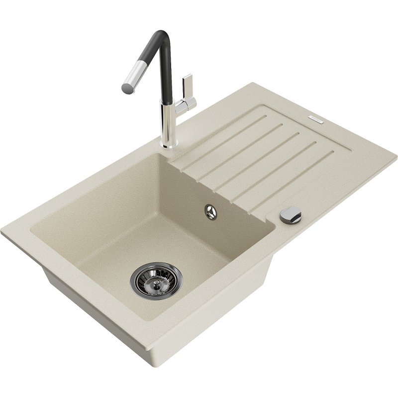 Mexen Pablo zlewozmywak granitowy 1-komorowy z ociekaczem i baterią kuchenną Flora, beżowy