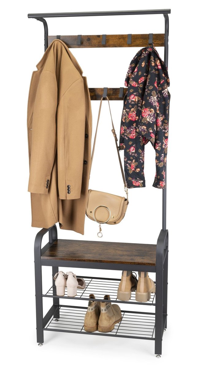 Wieszak na ubrania z półkami i siedziskiem LOFT