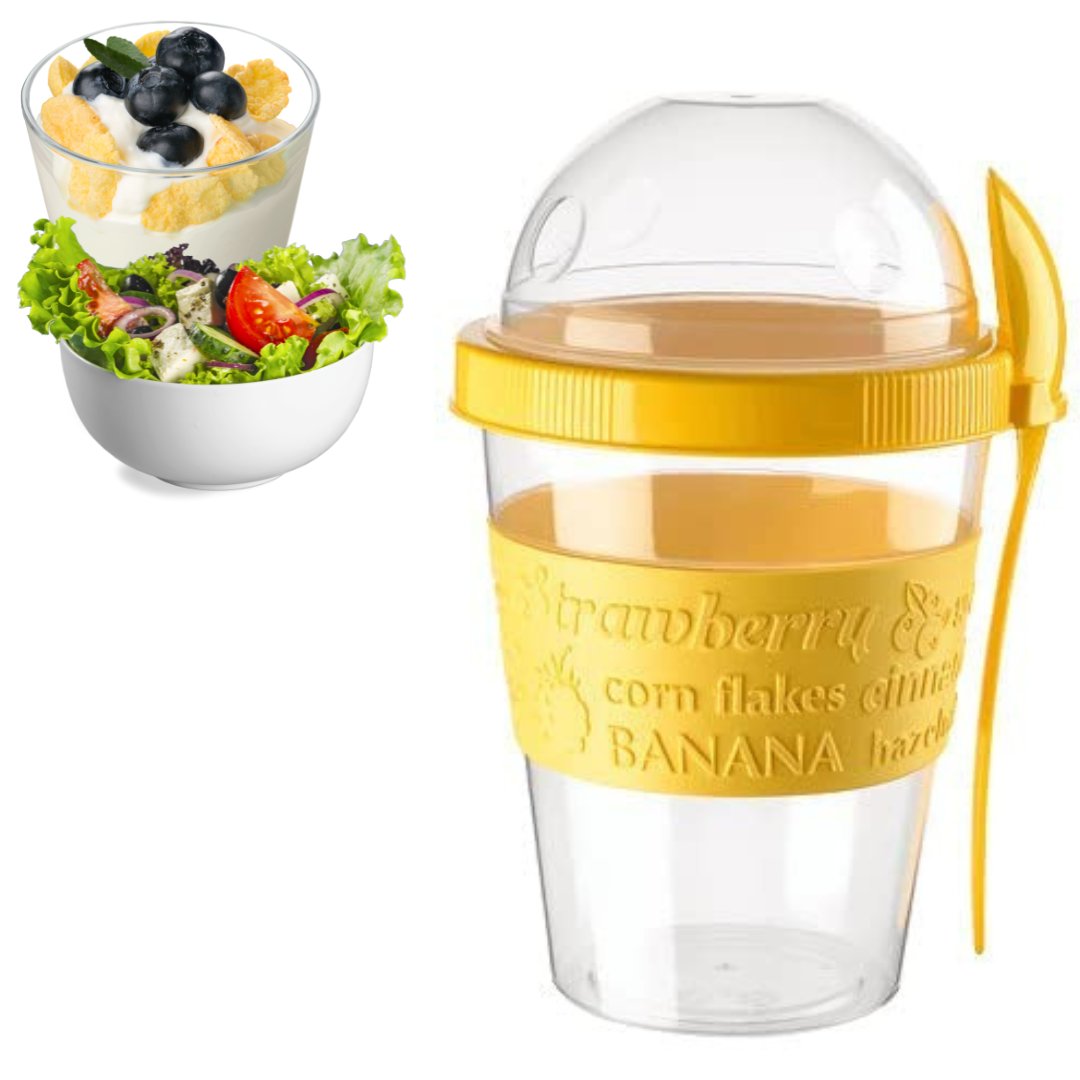 POJEMNIK KUBEK NA JOGURT MUSLI SAŁATKĘ ŻÓŁTY ŚNIADANIÓWKA Z ŁYŻKĄ LUNCHBOX PIĘTROWY