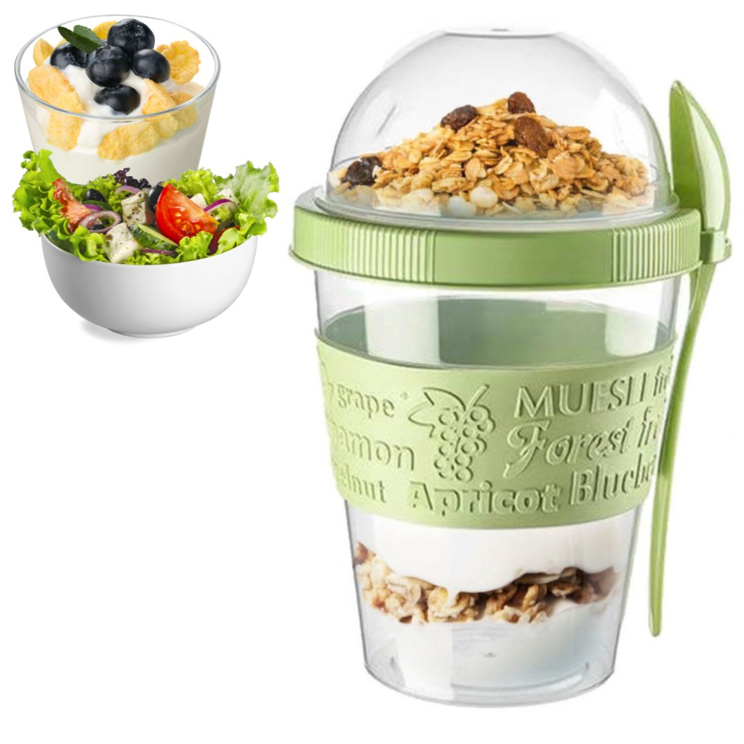 POJEMNIK KUBEK NA JOGURT MUSLI SAŁATKĘ ZIELONY ŚNIADANIÓWKA Z ŁYŻKĄ LUNCHBOX PIĘTROWY