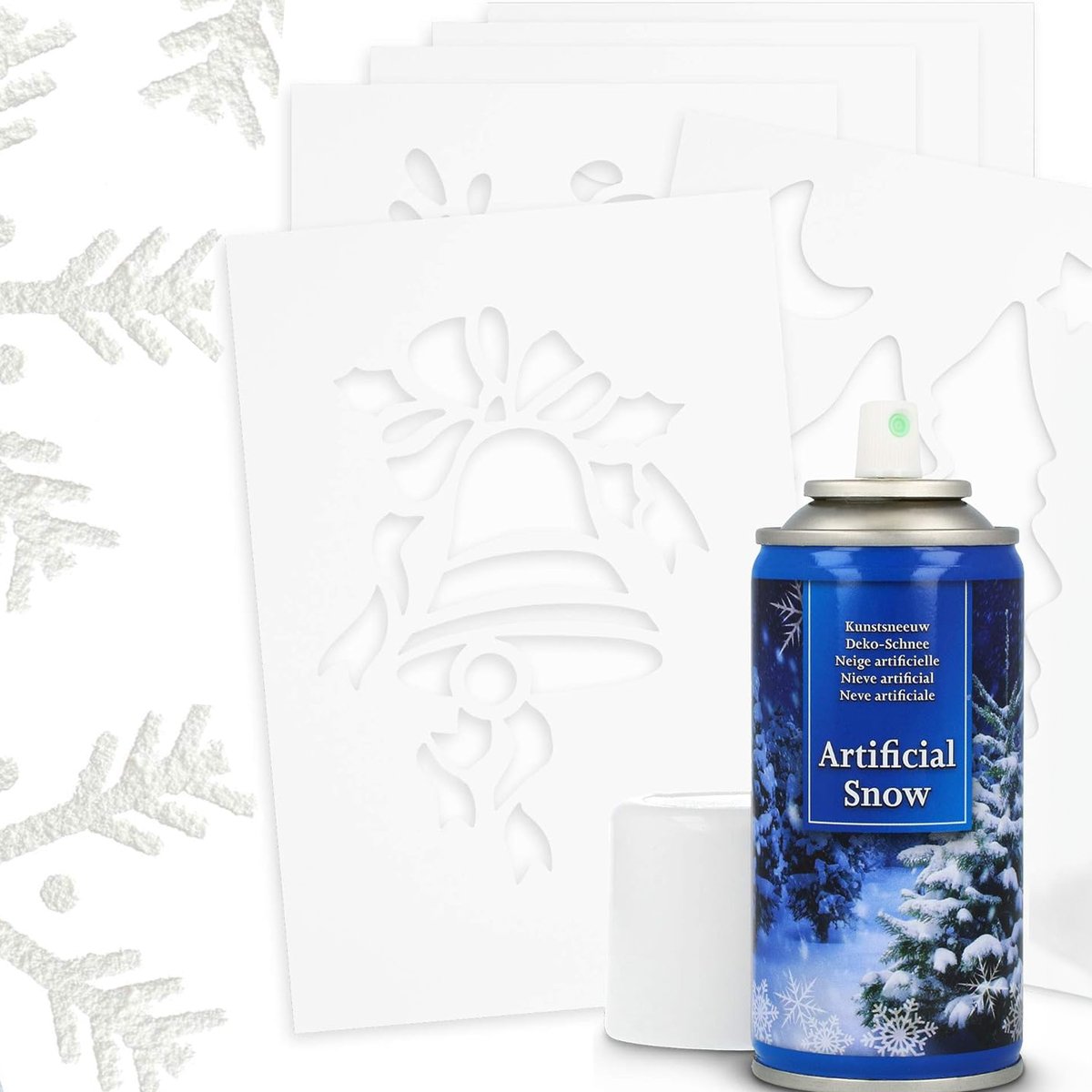 ZESTAW SZTUCZNY ŚNIEG W SPRAYU SPRAY DEKORACYJNY + SZABLONY 8 SZT. 150ML