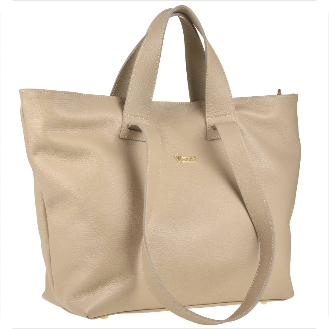 Vezze torba skórzana shopper bag beżowa złote okucia na ramię i - VEZZE