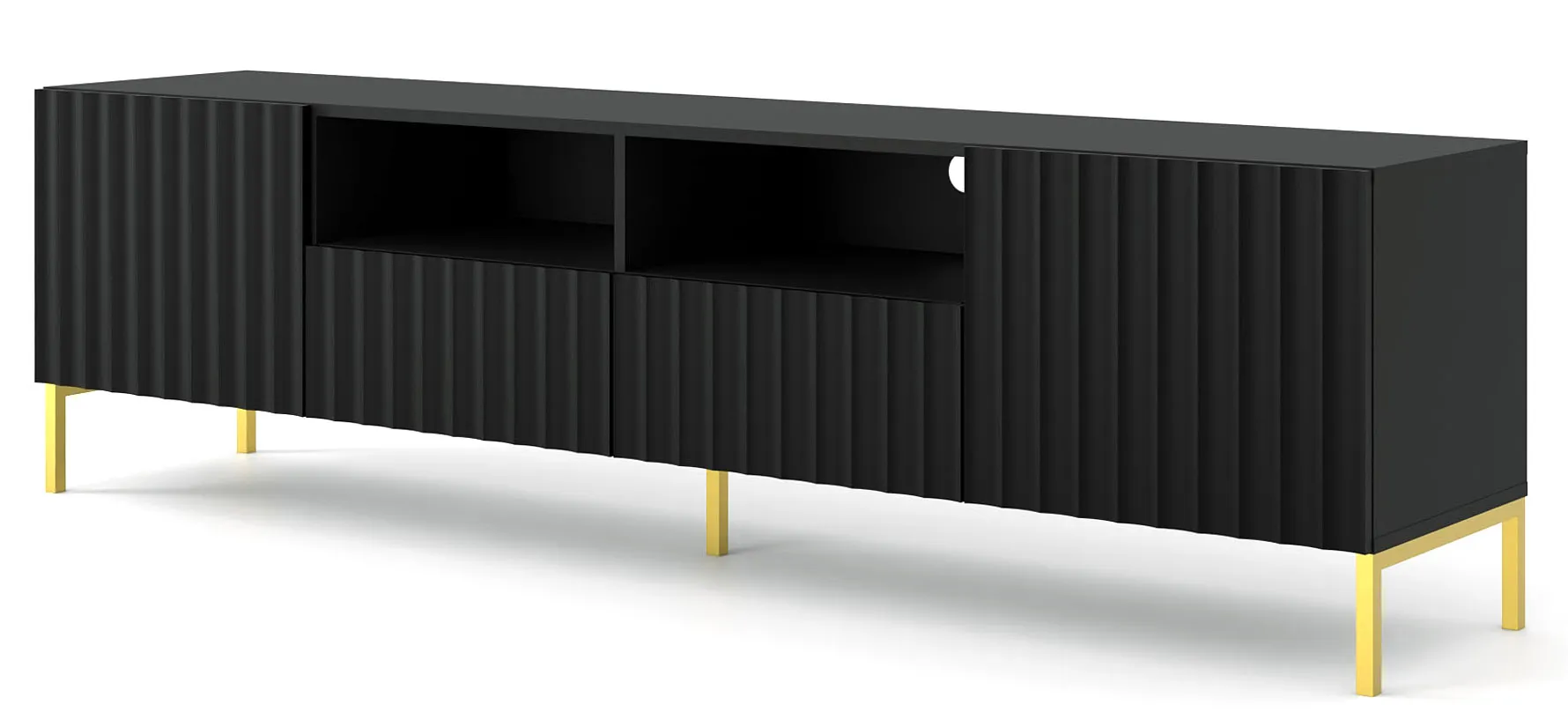 Czarna szafka rtv glamour z lamelami na złotych nogach T6-P00