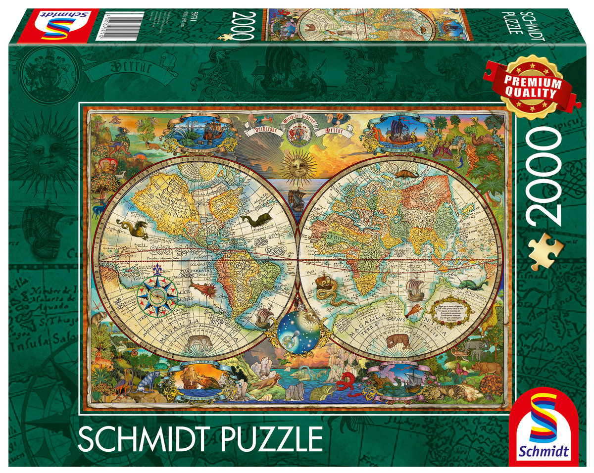 Puzzle, Mapa świata i mityczne stworzenia, 2000 el.