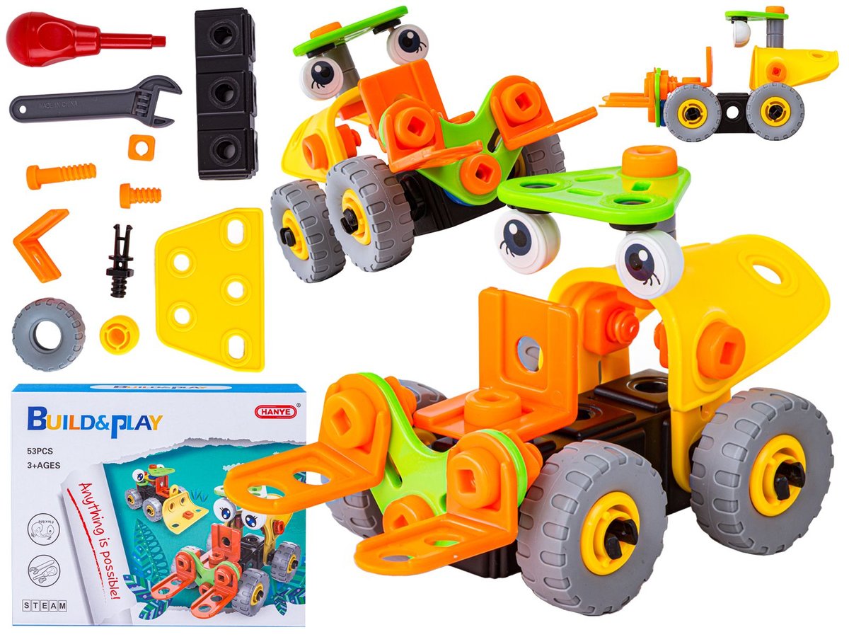 Klocki Konstrukcyjne Wózek Widłowy Spychacz 2W1 Śruby Do Skręcania