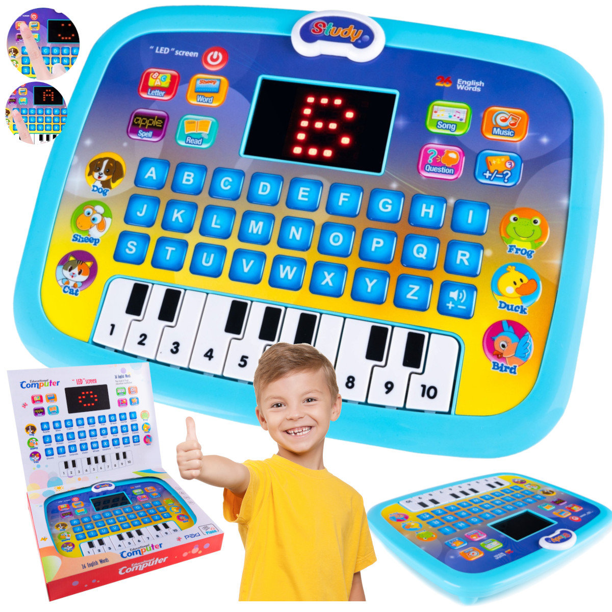 ZABAWKOWY LAPTOP edukacyjny komputer TABLET LED PIANINKO NAUKA ANGIELSKIEGO Z693